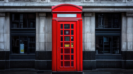 Fototapeta premium Vibrant red telephone booth stands prominently against the weathered urban facade in London.