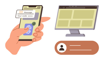 Hand using fingerprint scanner on smartphone, code message, desktop browser, user details. Ideal for security, password, authentication, technology identity verification login privacy. Simple flat