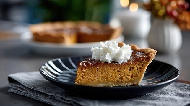 A delicious slice of pumpkin pie topped with whipped cream is the perfect fall dessert, embodying warmth and comfort, ideal for festive gatherings and holidays.