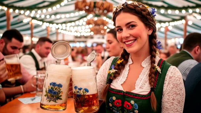 Oktoberfest Cheer: A Smiling Woman in Dirndl Offers Beer