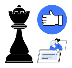 Chess piece symbolizing strategy, approval hand sign in blue circle, person with tablet. Ideal for success, planning, approval, decision-making, digital learning, teamwork simple landing page