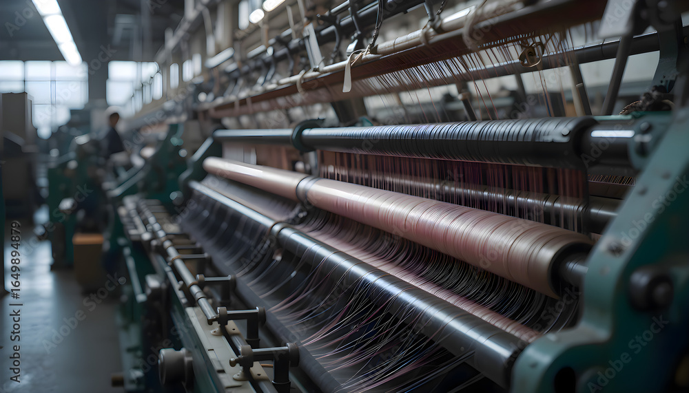 Poster spinning industrial machine operating inside a factory, showing motion blur of rotating components a