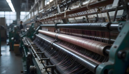 Spinning industrial machine operating inside a factory, showing motion blur of rotating components and mechanical parts used in production