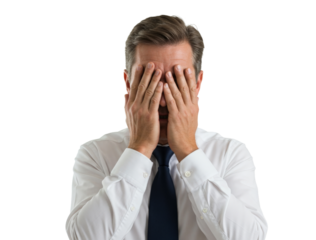 Businessman covering face in frustration isolated on white background