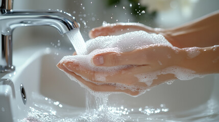 Fototapeta premium Washing hands at a sink with soap and water for hygiene and health practice in a bright indoor setting