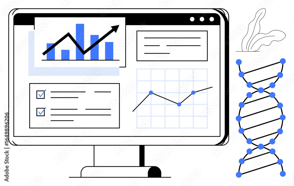 Poster computer monitor displaying statistical graphs, growth charts, and checklist alongside dna structure