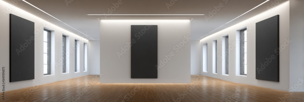 Poster modern art gallery with minimalist design and large black canvases on display during daylight hours
