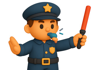 Stop Officer is blowing his whistle and holding up a stop sign