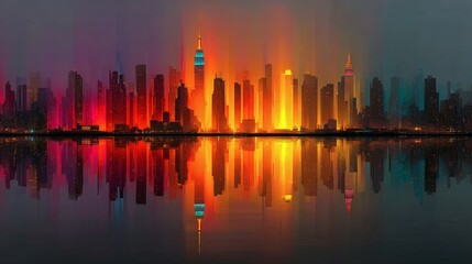 Fototapeta premium Abstract Art of Vertical Glowing Columns in Red, Orange, and Purple Shades, Forming an Illuminated City Skyline with Water Surface Reflections, Modern Digital Illustration with Geometric Shapes and a 