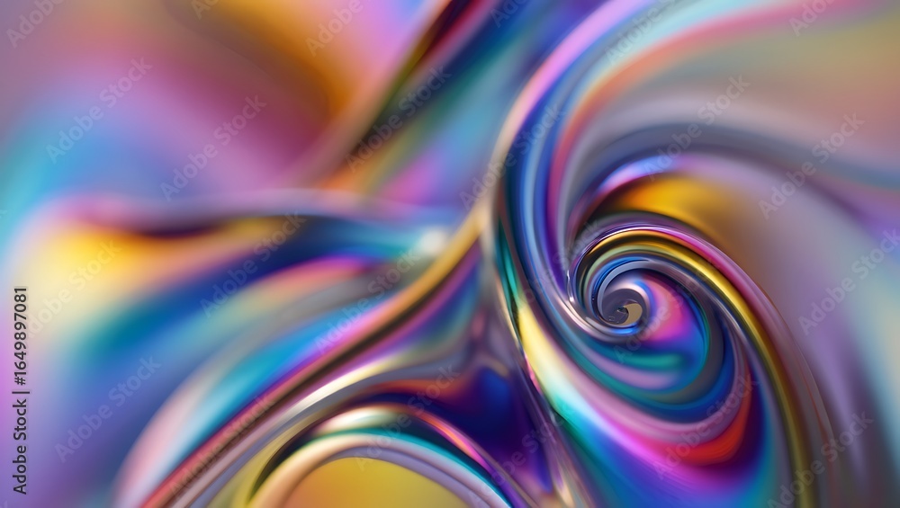 Poster dynamic iridescent multi-spiral abstract artwork with vibrant metallic colors and intertwining fluid