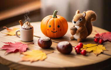 Obraz premium Adorable Autumn Still Life with a Happy Pumpkin and Knitted Squirrel