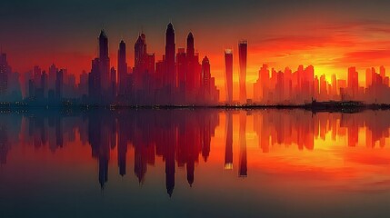 Obraz premium Abstract Art of Vertical Glowing Columns in Red, Orange, and Purple Shades, Forming an Illuminated City Skyline with Water Surface Reflections, Modern Digital Illustration with Geometric Shapes and a 
