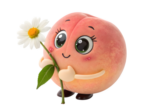 Cute cartoon peach character holding a daisy flower isolated on transparent background