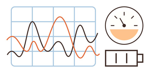 Obraz premium Line graph on grid showcasing fluctuating trends, speedometer for performance, low battery icon. Ideal for analytics, performance monitoring, technology, energy, statistics, progress efficiency