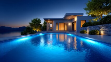 Fototapeta premium Twilight Elegance: Luxury Villa Rental with Infinity Pool in Modern Architecture Setting,3D rendering