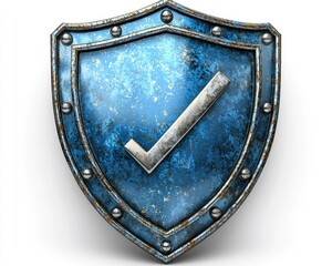 A distressed blue shield with metallic rivets presents a confirmation mark. Aged texture, shadows, and light lend depth and realism. Symbol for approval