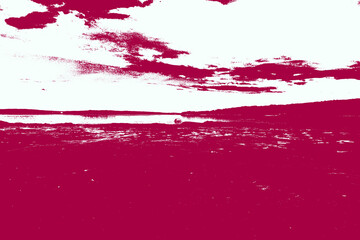 Red paint splashes and riverside landscape. Horizon and nature representation. 