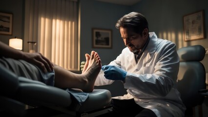 Skilled Podiatrist Examining Patient's Bare Feet with Precision in a Modern Clinic Setting
