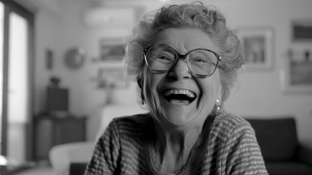 A woman with glasses is smiling. She is wearing a striped shirt. She is sitting on a couch