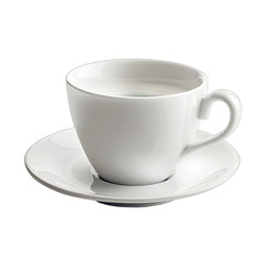 White ceramic cup and saucer filled with a light liquid, likely coffee or tea