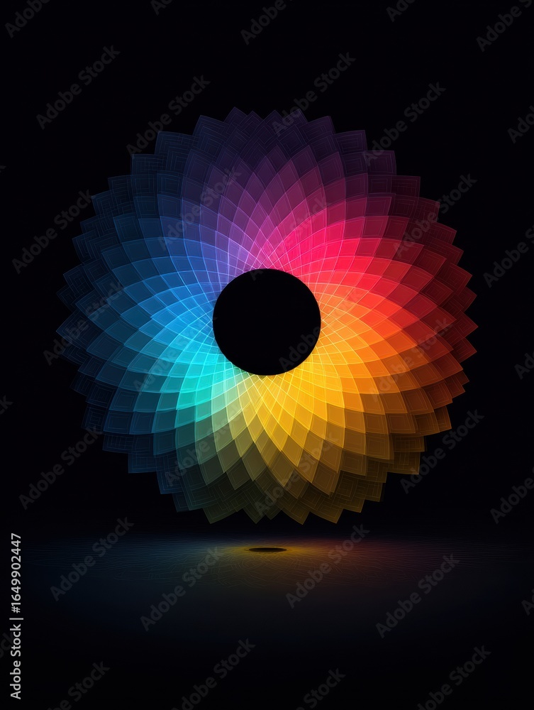 Poster vibrant circular pattern with gradient colors against a black background showcasing creativity and d