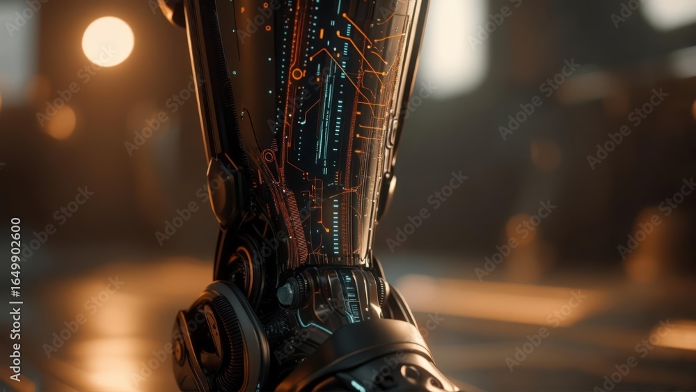 Poster sleek robotic limb with illuminated circuits and warm bokeh glow