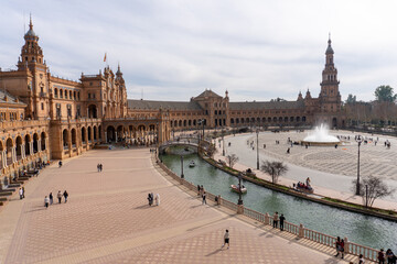 Plaza de España Panorama: An elevated view of the Plaza de España, showcasing its grand architecture, symmetrical layout, and the peaceful atmosphere.