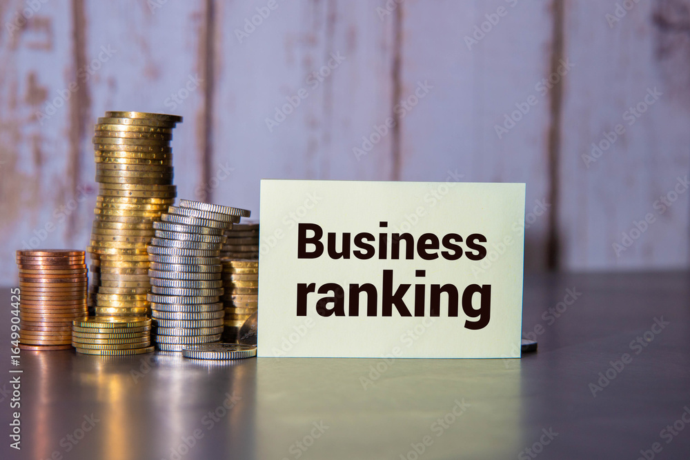 Poster wood block of percentage change to up and down arrow with money coins stack. business rating text