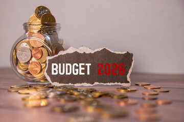 Budget 2026 new year on wooden blocks and office business concept background.
