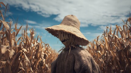 A scarecrow stands guard in a field of dried corn stalks beneath a partly cloudy sky, a symbol of harvest protection and rural autumn. 
