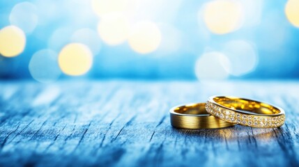 Elegant Gold Wedding Rings on a Blue Wood Background, Symbolizing Love and Commitment