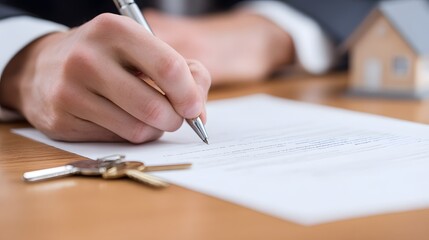 Homeowner signing a real estate contract with house keys and a house model nearby on a bright table, showcasing homeownership.