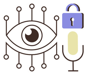 Eye with circuits, microphone, and lock illustrate surveillance, security, and data protection. Ideal for technology, privacy, cybersecurity, artificial intelligence digital ethics innovation