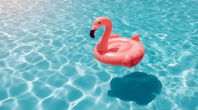 Pink flamingo floatie gently bobs on sun-drenched pool water, creating a serene summer scene perfect for relaxation and poolside fun.