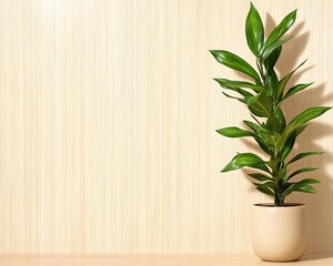 A single houseplant in a beige pot, against a light beige wooden wall