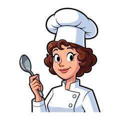Culinary Artisan: This captivating cartoon illustration of a female chef, with radiant smile, holding a spoon against an isolated background, perfect for food and culinary themes.