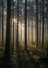 Obraz premium Mystical forest scene with sunlight filtering through the dense tree canopy