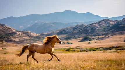Wild horse galloping across a golden field with mountains in the background under a clear blue sky on a bright sunny day.