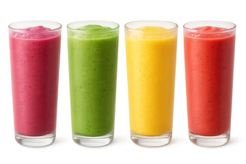Colorful fruit smoothies swirling in clear glasses, highlighting fresh ingredients and nutritious summer beverage trends