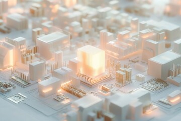 A futuristic, white city landscape with a bright, glowing central building, embodying technological advancement and modern architecture in a minimalist style.