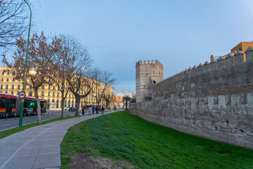 Historic city wall and picturesque avenue in Seville, Spain: A picturesque view of an ancient city...