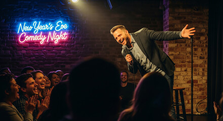 New Years Eve comedy show with lively audience and neon brick wall backdrop in intimate club setting