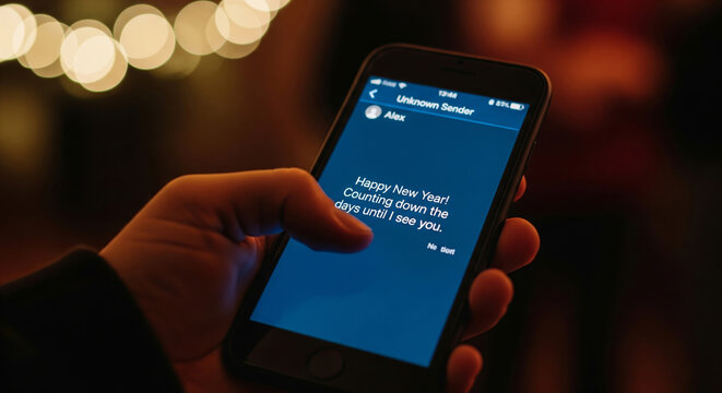 Smartphone screen displaying an inviting New Year message from an unknown sender in a cozy, warmly lit environment