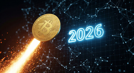 Golden Bitcoin rocket soaring against a digital blockchain network with glowing 2026 in futuristic style