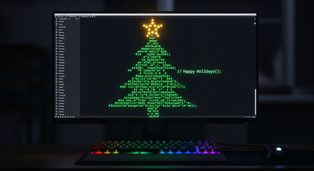Holiday ASCII art Christmas tree glowing on computer monitor with rainbow-lit mechanical keyboard in dark room