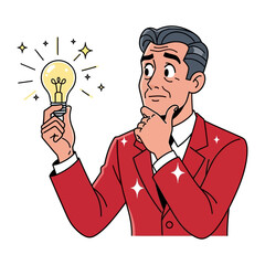 Brilliant Idea: A smartly dressed man contemplates a light bulb, symbol of innovation and creativity. He seems to be deep in thought, pondering the idea in his hand.