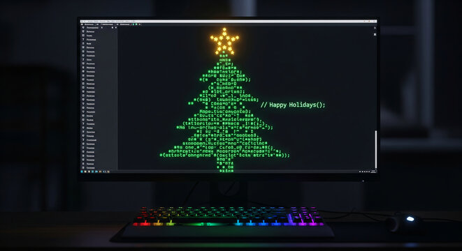 Holiday ASCII art Christmas tree glowing on computer monitor with rainbow-lit mechanical keyboard in dark room