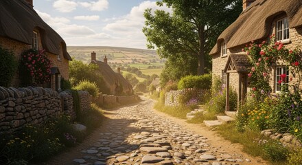 Quaint English countryside village featuring traditional thatched roof cottages