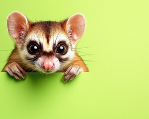 Small animal peeks over a bright green edge, featuring large, shiny eyes, reddish-brown fur, a masked face, and visible claws. Background is a solid color