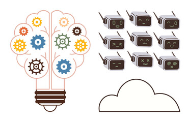 Lightbulb filled with colorful gears, robotic devices with varied emotions, and cloud representing AI, creativity, and connectivity. Ideal for automation, innovation, technology, brainstorming